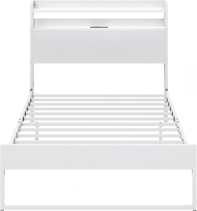 Elephance Twin Bed Frames with Charging Station and Storage Headboard, No Box Spring Needed, Noise Free, Easy Assembly