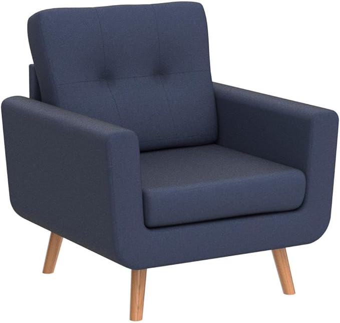 Tbfit Linen Fabric Single Sofa, Accent Chair, Mid Century Modern Armchair for Living Room, Bedroom Button Tufted Upholstered Comfy Reading Sofas, Blue