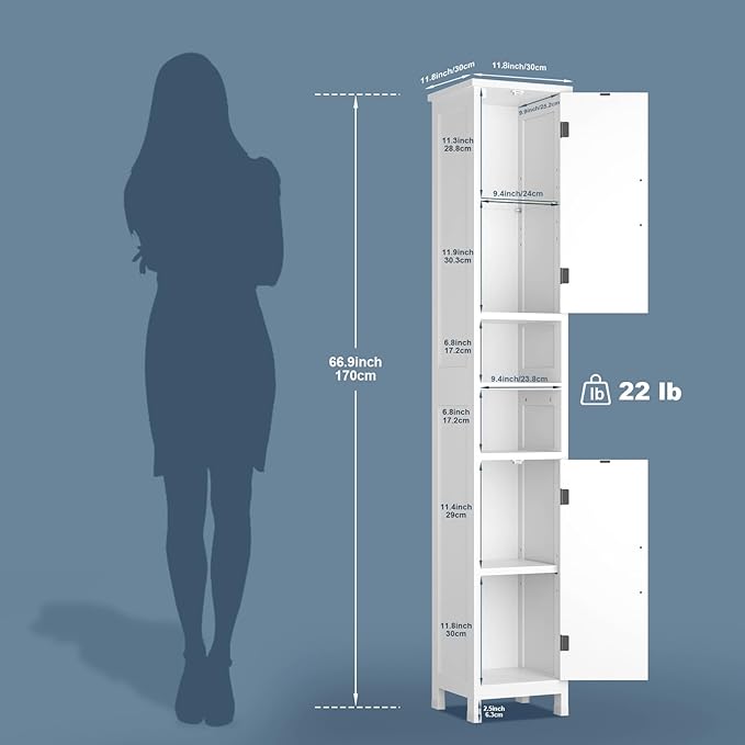 67" Tall Bathroom Storage Cabinet with Lights, Slim Narrow Bathroom Cabinet Organizer with Doors and Adjustable Shelves, Tall Cabinet for Small Space (66.9" Tall-White with Light, 1 Pack)