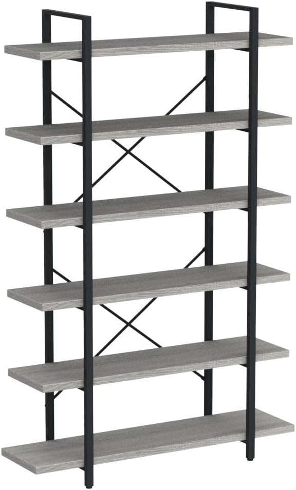 HSH 6 Tier Tall Bookshelf, Metal Wood Vertical Display Book Shelf, Industrial 6 Shelf Bookcases and Book Shelves Storage Rack, Large Open Book Case for Bedroom Living Room Office, Light Grey Oak