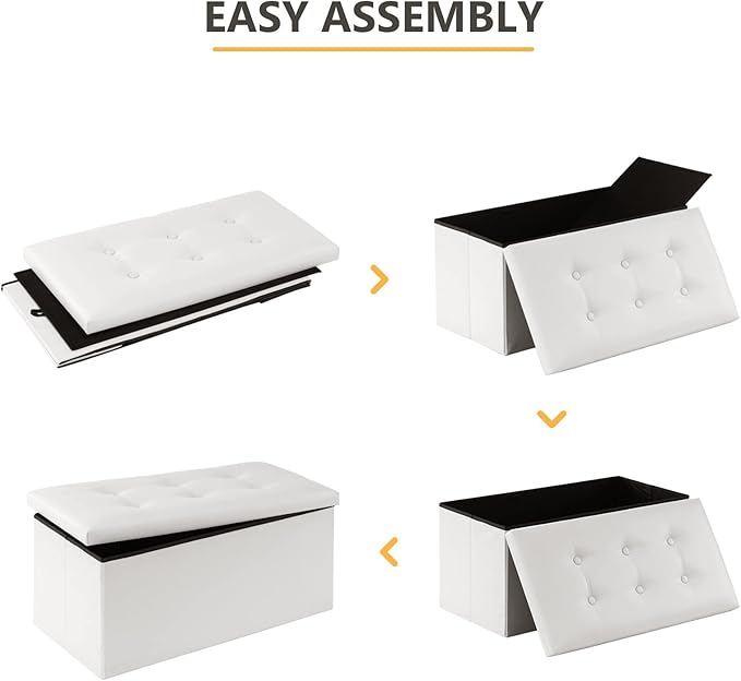 Youdesure White Folding Storage Ottoman Bench, Faux Leather Footrest for Living Room, Ottoman with Storage Padded Seat for Bedroom, Holds up to 350lbs