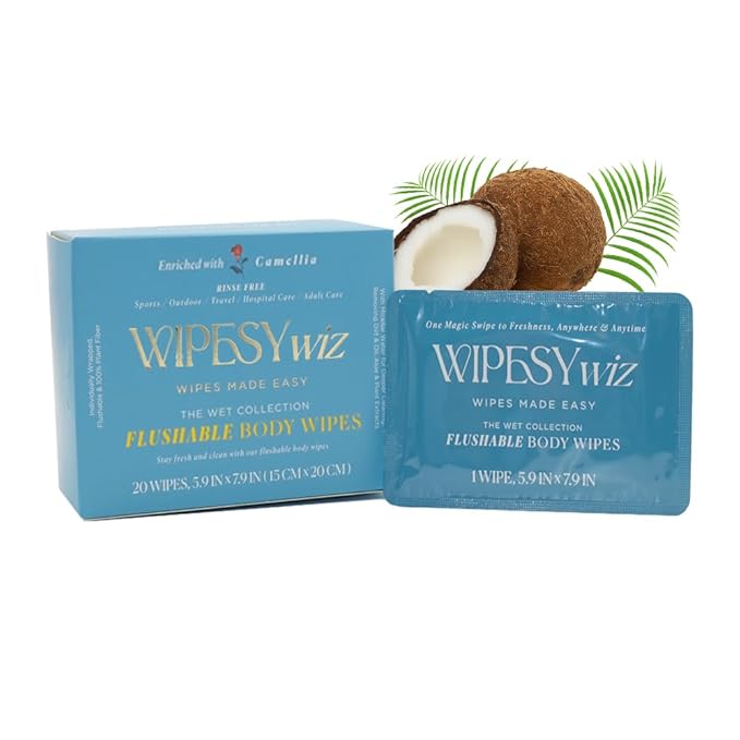 20 Count Individually Wrapped Flushable Wipes for Body, Lightly Scented with Camellia and Coconut Oil & Aloe for a Gentle Clean, Wet Wipes for Adults, Travel Sized & Disposable (Pack of 1)