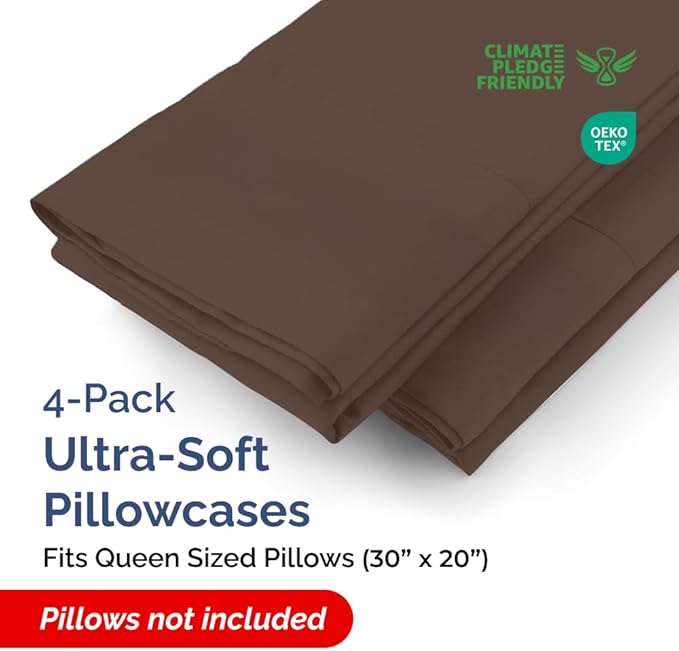 Queen Pillow Cases - 4 Pack - Super Soft Pillowcase Covers - Envelope Enclosure - Hotel Quality Pillow Protectors - Wrinkle Free, Fade, Shrink & Stain Resistant - Machine Washable - 20" x 30" (Brown)
