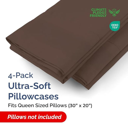Queen Pillow Cases - 4 Pack - Super Soft Pillowcase Covers - Envelope Enclosure - Hotel Quality Pillow Protectors - Wrinkle Free, Fade, Shrink & Stain Resistant - Machine Washable - 20" x 30" (Brown)