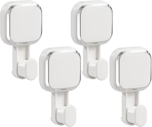 LEVERLOC Suction Cup Hooks for Inside Shower 4 Pack, Versatile Powerful Vacuum Suction Shower Holders for Towel, Loofah, Clothes, Damage Free Wall Hanging Bathroom Hooks, Easy to Install, White