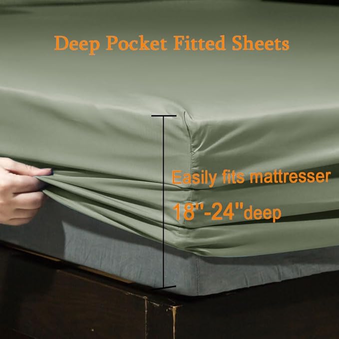 SONORO KATE Bed Sheet Set Super Soft Microfiber 1800 Thread Count Luxury Egyptian Sheets Fit 18-24 Inch Deep Pocket Mattress Wrinkle-6 Piece (Sage, Queen)