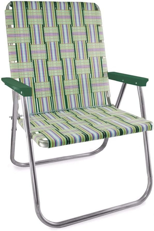 Lawn Chair USA Folding Aluminum Outdoor Patio Lawn Chair | Heavy-Duty Webbed Chairs for Camping, Sports, Beach, Yard & Tailgating | Lightweight Portable | Magnum - Spring Fling with Green Arms
