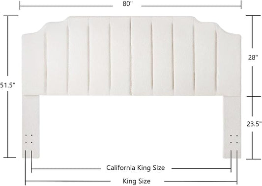 24KF White Teddy Fabric Tufted King Upholstered Headboard, Modern Vertical Channel Design California King Headboard with Stepped Silhouette Top Edge,6026-K-Teddy White