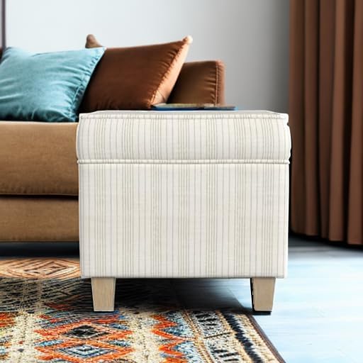 Homepop Home Decor Classic Square Storage Ottoman with Lift Off Lid | Ottoman with Storage for Living Room & Bedroom, Marigold Pinstripe Cream Fabric