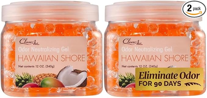 Clear Air Odor Eliminator Gel - 12 oz, Pack of 2 - Air Freshener Made with Essential Oils - Eliminates Odors in Bathrooms, Cars, Boats, RVs & Pet Areas - Hawaiian Shore Scent