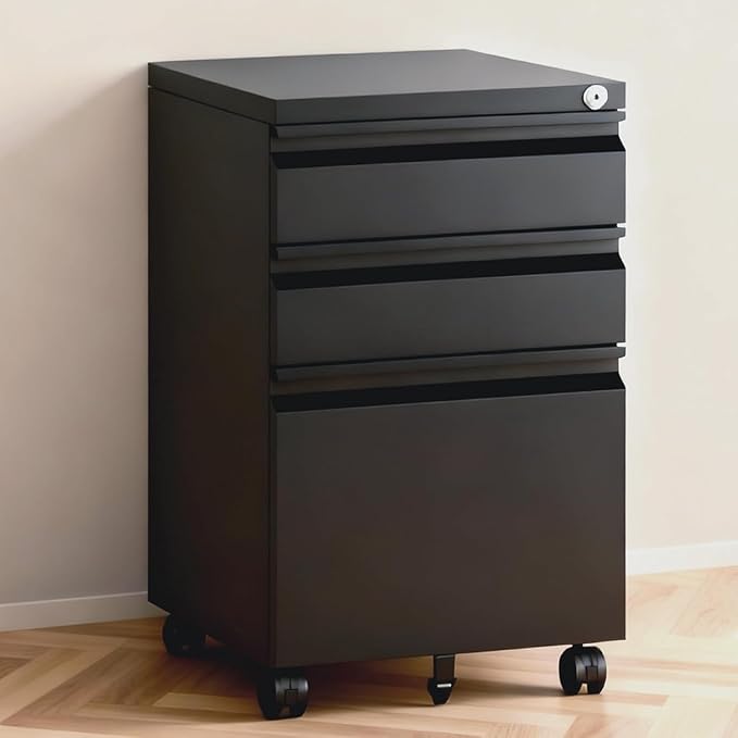 3 Drawer File Cabinet with Lock,Under Desk Rolling Small Filing Cabinet for Home Office Storage,Mobile Steel Cabinets with Wheels,Fully Assembled,Black