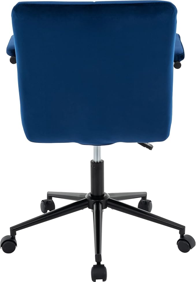 Velvet Home Office Desk Chair, Upholstered Adjustable Swivel Task Chair with Wheels, Tufted Mid-Back Computer Chair with Arms, for Study Living Room Vanity (Blue, Black Base)