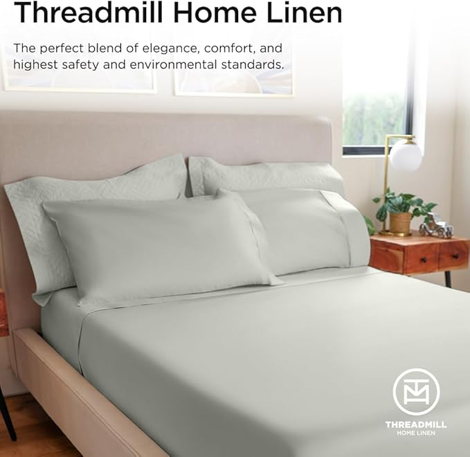Threadmill 100% Cotton Sheets for Full Size Bed - 600 Thread Count Full Bed Sheets Set with 16” Deep Pocket - Sateen Weave 4-Piece Bedding Set with Cooling Effect, Light Grey