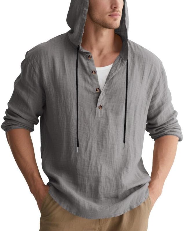 Men's Linen Blend Hoodie Long Sleeve Henley Pullover Sweatshirt Casual Loose Fit Top for Workout Beach Wear