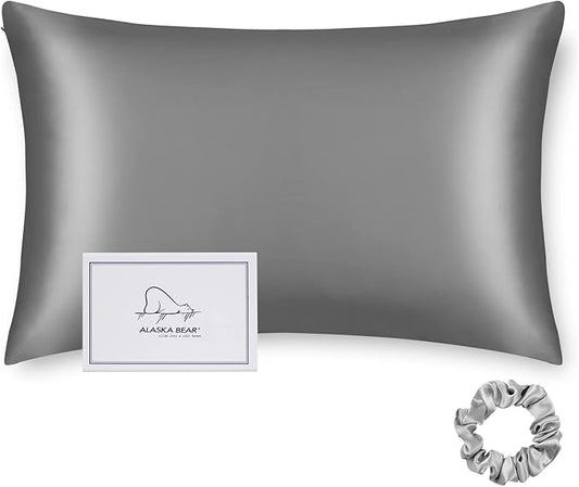ALASKA BEAR Silk Pillowcase Envelope Closure, 22 Momme 100 Percent Long Overlap Sleeve Mulberry Silk Pillow Case Foldover Design, Machine Washable and NO Zipper, King (1, Iron Grey)