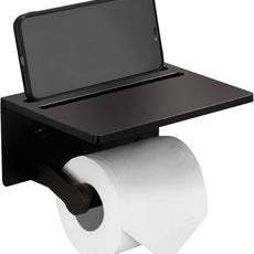 Toilet Paper Holder with Shelf, Black Anti-Rust Aluminum Tissue Roll Holder with Mobile Phone Storage Shelf for Bathroom, 3M Self Adhesive No Drilling or Wall Mounted with Screws