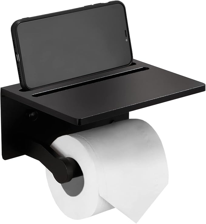 Toilet Paper Holder with Shelf, Black Anti-Rust Aluminum Tissue Roll Holder with Mobile Phone Storage Shelf for Bathroom, 3M Self Adhesive No Drilling or Wall Mounted with Screws