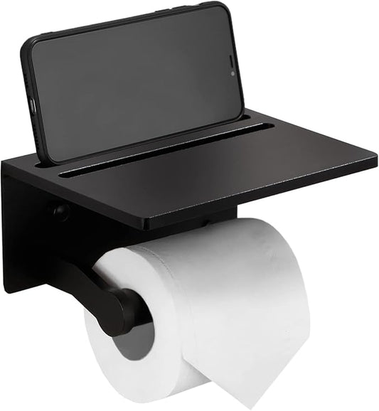 Toilet Paper Holder with Shelf, Black Anti-Rust Aluminum Tissue Roll Holder with Mobile Phone Storage Shelf for Bathroom, 3M Self Adhesive No Drilling or Wall Mounted with Screws