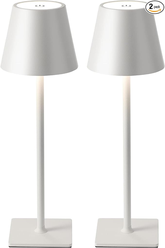KDG 2 Pack Cordless Table Lamp, Portable LED Desk Lamp, 5000mAh Battery Operated, 3 Color Stepless Dimming Up, for Restaurant/Bedroom/Bars/Outdoor Party/Camping/Coffee Shop Night Light(White)