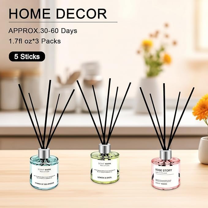 Reed Diffuser Set of 3 Pack,50ML Lemon Basil Ocean Rose Scented Oil Diffuser with 5 Sticks,Home Fragrance Reed Diffuser for Bedroom Bathroom Office (Lemon Basil/Ocean/Rose)