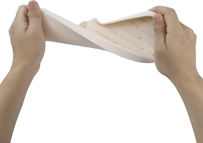 Silicone Bathroom Soap Dishes with Drain Spout-Bathroom and Kitchen Sink Organizer,Sponge Holder,Dish Soap Tray,Perfect for Dispenser,Scrubber,Bottle,Cup on Sink or Counter-Tapioca 12"×4"