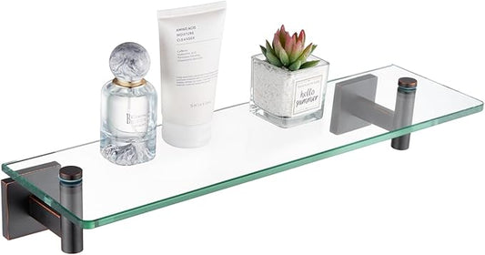 KOKOSIRI Wall Shelves Bathroom Hardware Glass Floating Shelf 16-Inch for Bedroom, Living Room, Kitchen, Hanging Rack Oil Rubbed Bronze B1105ORB-L16
