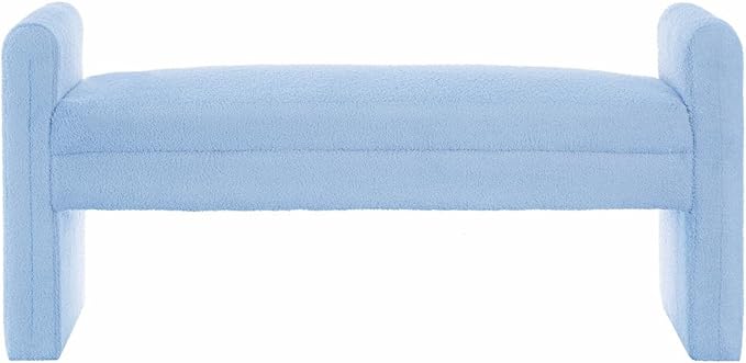 24KF Modern Upholstered Bed Bench Covered with Soft Boucle Teddy Fabric, Lovely Entryway Bench Ottoman with Armrest, 5062-Light Blue