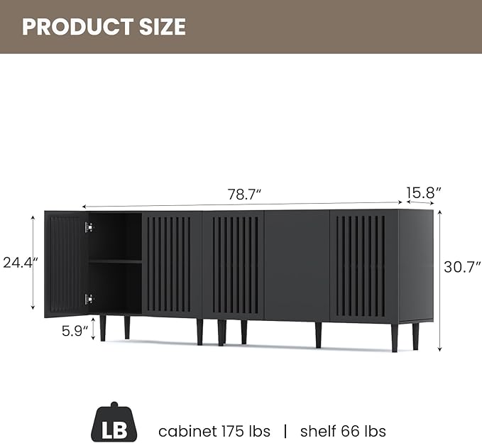 CHUWELL Modern TV Stand, 78.7" Storage Cabinet with 5 DIY Doors and Adjustable Shelf, Sideboard Coffee Bar Cabinet with Solid Wood Feet for Kitchen,Dining Room,Living Room,Black