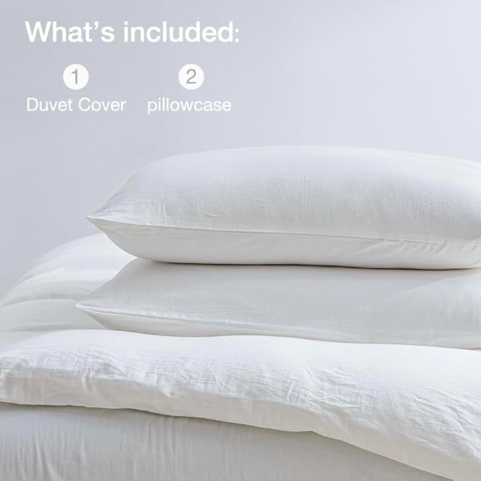 JELLYMONI White Duvet Cover Full Size - 100% Washed Cotton Linen Feel Textured Comforter Cover, 3 Pieces Breathable Soft Bedding Set with Zipper Closure (Pure White, Full 80"x90")