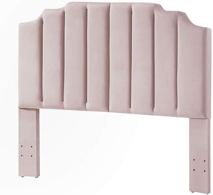 24KF Pink Velvet Tufted Queen Upholstered Headboard, Modern Vertical Channel Design California Queen/Full Headboard with Stepped Silhouette Top Edge, 6026-Q-New Pink