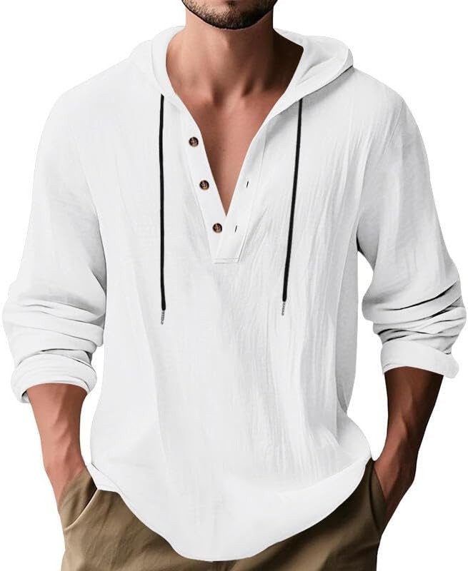 Men's Linen Blend Hoodie Long Sleeve Henley Pullover Sweatshirt Casual Loose Fit Top for Workout Beach Wear