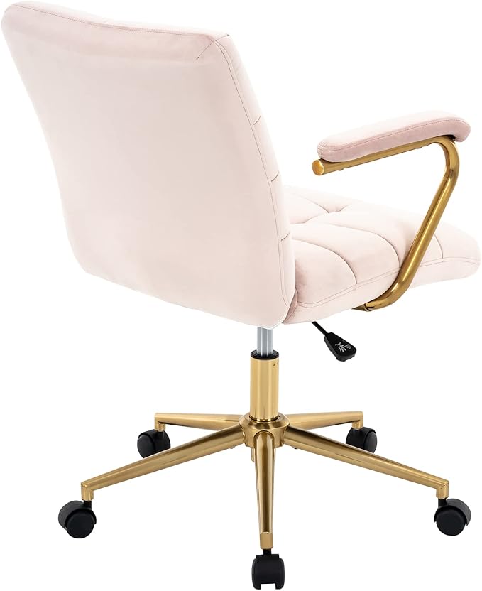 Velvet Home Office Desk Chair, Upholstered Adjustable Swivel Task Chair with Wheels, Tufted Mid-Back Computer Chair with Arms, for Study Living Room Vanity (Pink, Gold Base)