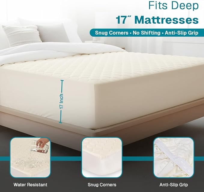 FABDREAMS Organic Quilted Mattress Protector Twin XL Size | Mattress Pad| Mattress Cover| Naturally Breathable | Noiseless| Fits up to 17" Deep Pockets| Temperature Regulating | Ivory