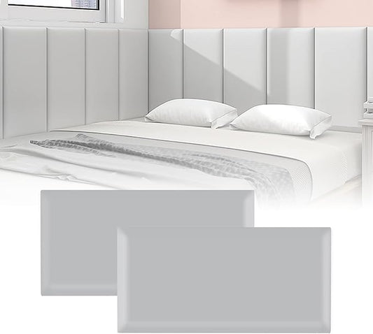 3D Anti-Collision Wall Padding, Peel & Stick Upholstered Panels, Queen Headboard, Playroom Decorative Protection, Pack of 2 Panels - 23.6' X 11.8' (Light Grey)