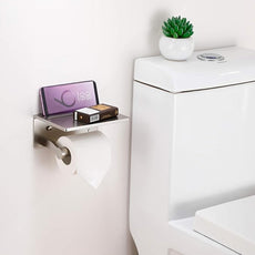 Toilet Paper Holder with Shelf, Aluminum Tissue Roll Holder with Mobile Phone Storage Shelf for Modern Bathroom, 3M Self Adhesive No Drilling or Wall-Mounted with Screws, Brushed Nickel