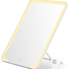 OMIRO Travel Makeup Mirror with Light, 10 x 7 inch Lighted Desk Mirror with Adjustable Stand and 3 Lighting Modes for Shaving and Travelling, White