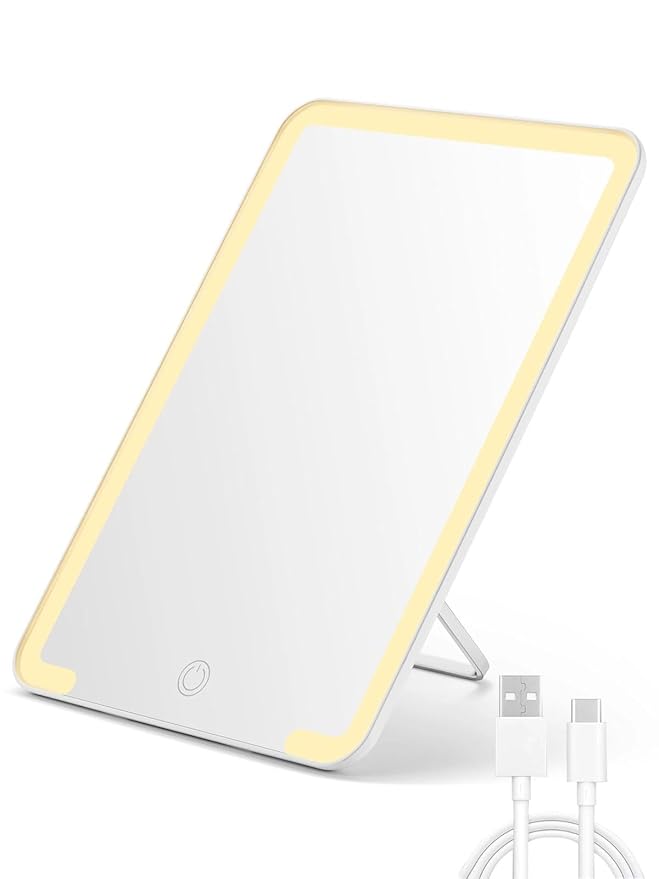 OMIRO Travel Makeup Mirror with Light, 10 x 7 inch Lighted Desk Mirror with Adjustable Stand and 3 Lighting Modes for Shaving and Travelling, White