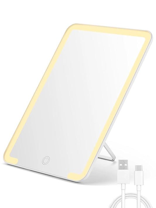 OMIRO Travel Makeup Mirror with Light, 10 x 7 inch Lighted Desk Mirror with Adjustable Stand and 3 Lighting Modes for Shaving and Travelling, White