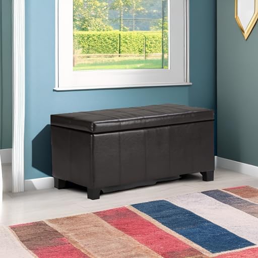 SIMPLIHOME Dover 36 inch Wide Contemporary Rectangle Storage Ottoman Bench in Tanners Brown Vegan Faux Leather, Assembled, For the Living Room, Entryway and Family Room