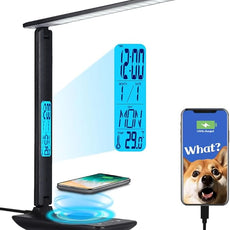 Multifunctional LED Desk Lamp with Wireless Charger,USB Charging Port,Clock,Phone Holder,Desk Lamps for Home Office,Eye-Caring Reading Lamp,Study Lamp for Boys,Girls,Teens,Black