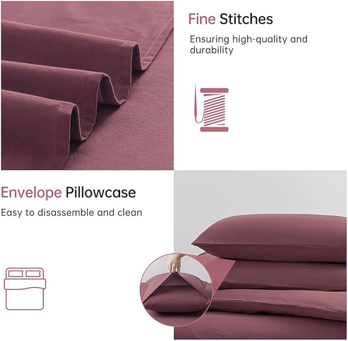 JELLYMONI Plum Duvet Cover Full Size - 100% Washed Cotton Linen Like Textured Comforter Cover, 3 Pieces Breathable Soft Bedding Set with Zipper Closure (Plum, 80"x90")