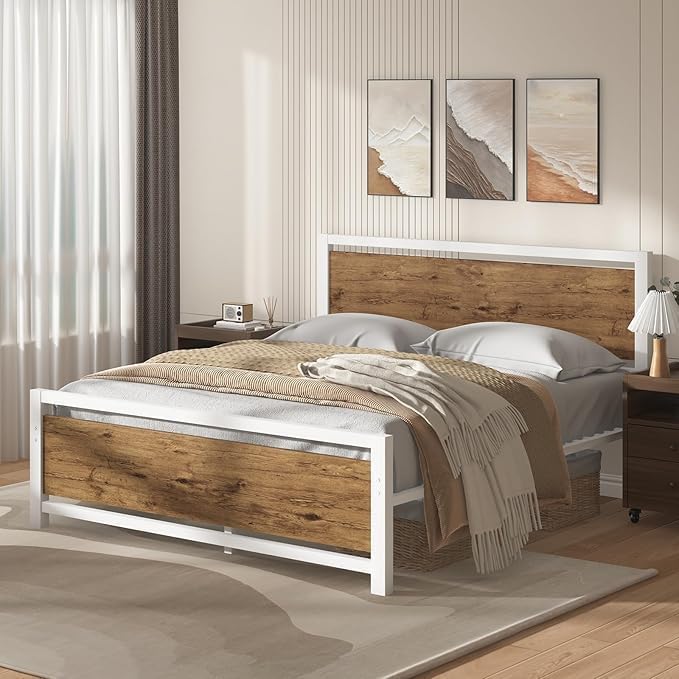 Full Size Bed Frame, Full Bed Frame with Headboard, Industrial Style Bed Frame Full Size with Wooden Footboard, No Box Spring Needed, Noise-Free, Easy Assembly, White Brown