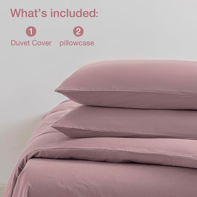 JELLYMONI Pink Duvet Cover Full Size - 100% Washed Cotton Linen Like Textured Comforter Cover, 3 Pieces Breathable Soft Bedding Set with Zipper Closure (Dusty Pink, Full 80"x90")