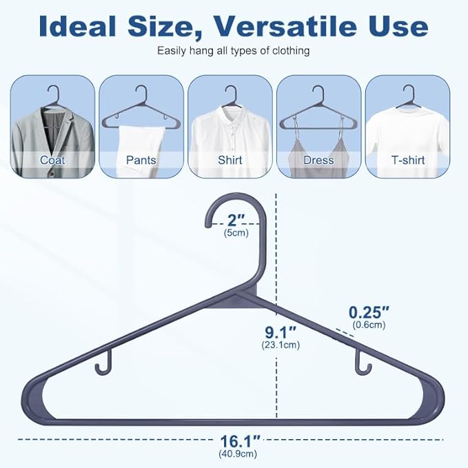 HOUSE DAY Grey Plastic Hangers 60 Pack, Non-Slip Plastic Hanger with Dual Hooks - Slim Space Saving 1/4" Thin Closet Organizers for Coats, Shirts, Pants & Dresses - Lightweight Garment Friendly