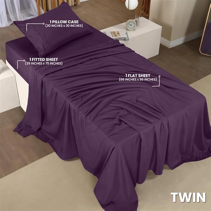 Utopia Bedding Twin Sheet Set – 3 Piece Bed Sheets for Twin Size Bed, Soft and Breathable Microfiber, Includes 1 Fitted Sheet, 1 Flat Sheet and 1 Pillowcase (Dark Purple)