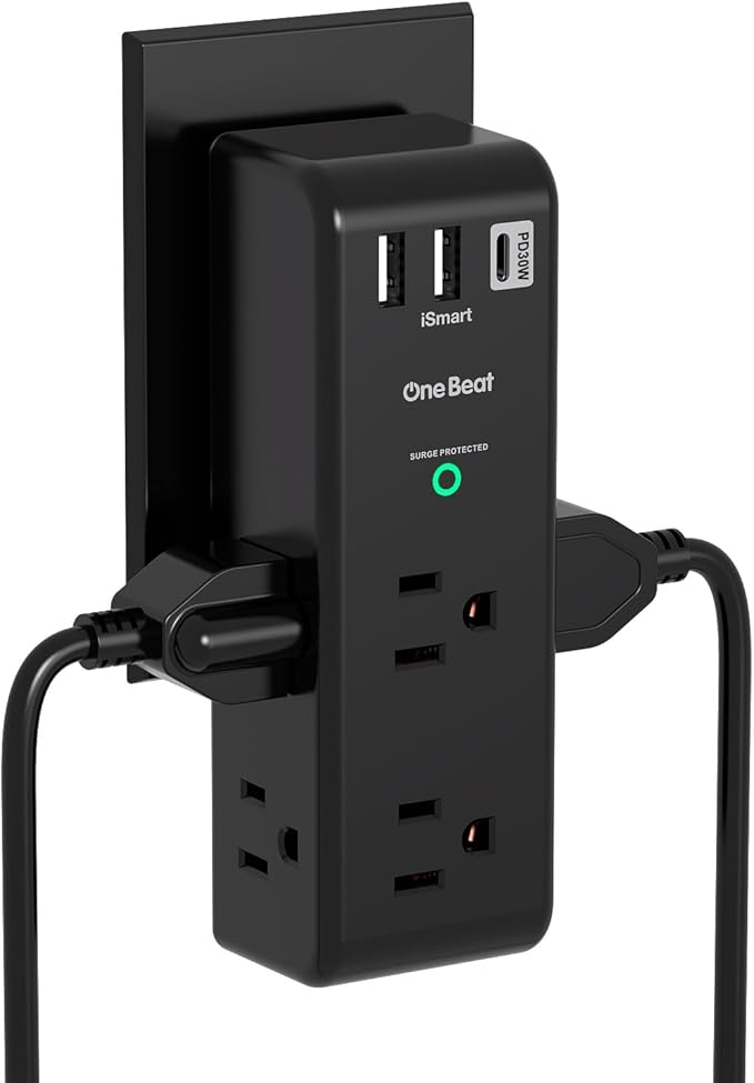 PD 30W Surge Protector Outlet Extender, Rotating Plug, One Beat 6 AC Multi Plug Outlet with 3 USB Ports (1 USB C), 1800J 3-Sided Swivel Power Strip, Spaced Outlet Splitter for Home Office Dorm - Black