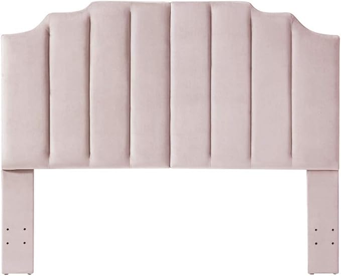 24KF Pink Velvet Tufted Queen Upholstered Headboard, Modern Vertical Channel Design California Queen/Full Headboard with Stepped Silhouette Top Edge, 6026-Q-New Pink
