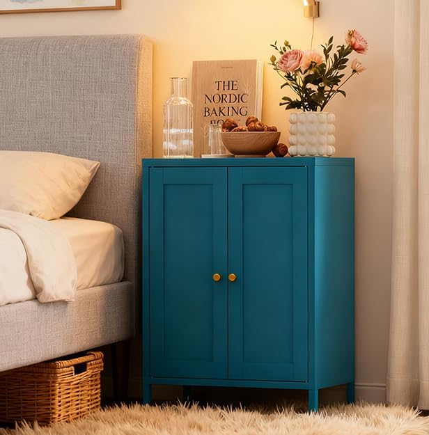 Coffee Bar Cabinet, Metal Sideboard Buffet Cabinet,Metal Storage Cabinet with 2 Doors and Adjustable Shelves for Kitche, Living Room, Entryway, Bathroom,Office (Blue, 31.5" H)