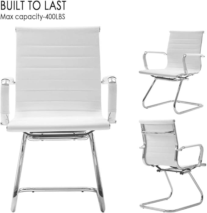 White Office Desk Chair No Wheels Set of 4 PU Leather Computer Chairs Mid Back Guest Chairs for School Reception Conference Waiting Room, White