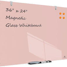 TSJ OFFICE Glass Dry-Erase Board - 36 x 24 Inches Wall Mounted Magnetic Whiteboard, Large Frameless Glass White Board for Office, Home & School, Pink